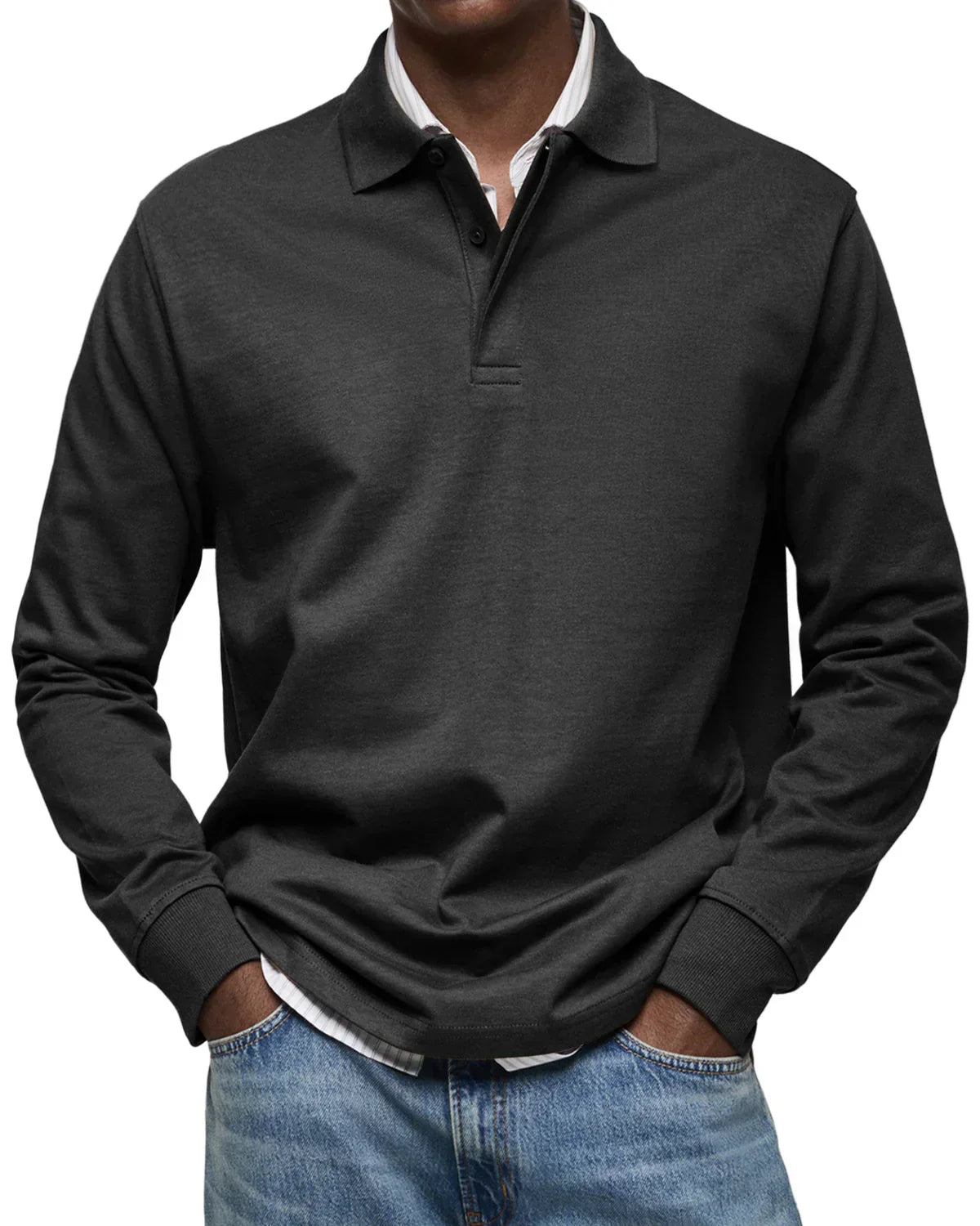 Men's Simple Long Sleeve Polo Top - Everyday Basic Tee