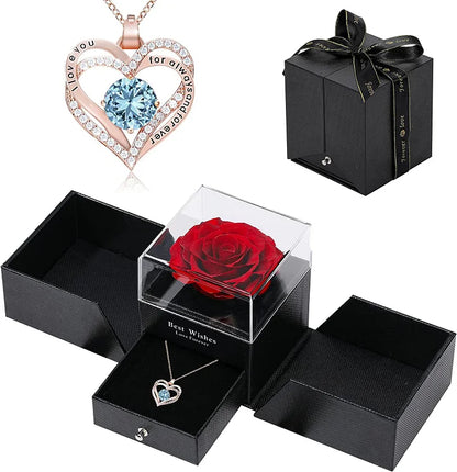Preserved Real Rose With Forever Love Heart Necklace Gift Set