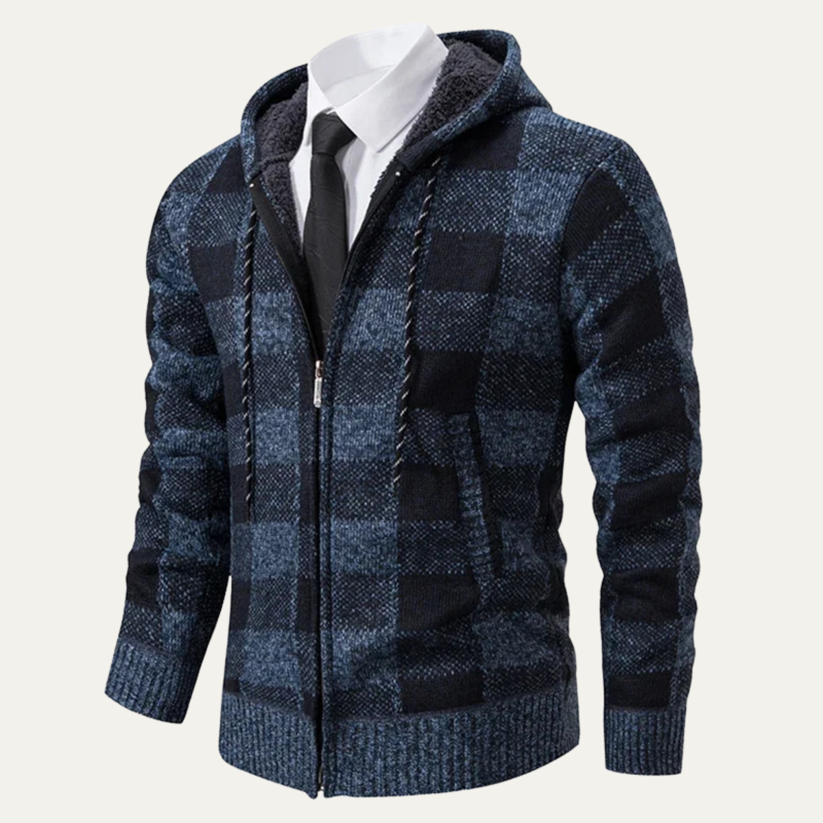 Relaxed Fit Plaid Knit Zip Up Hoodie Jacket