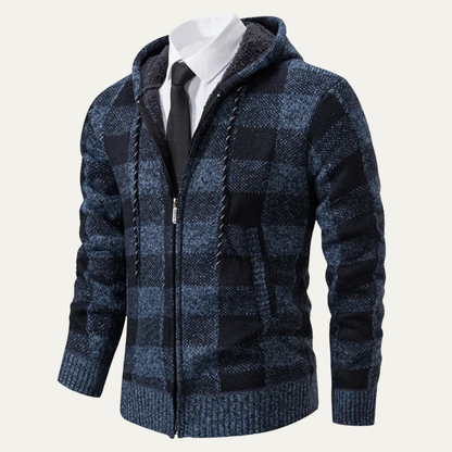Relaxed Fit Plaid Knit Zip Up Hoodie Jacket
