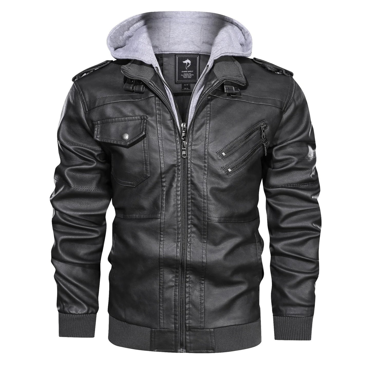 Synthetic Leather Biker Jacket with Removable Hood