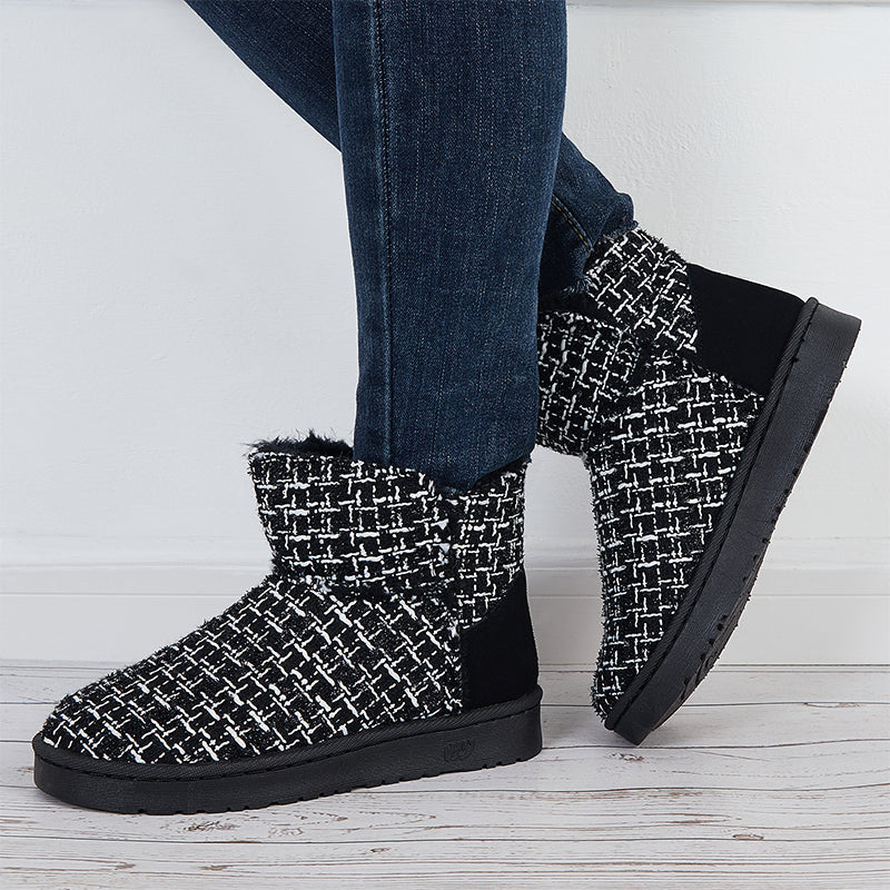 Plaid Design Slip On Ankle Boots Winter Thermal Snow Short Booties