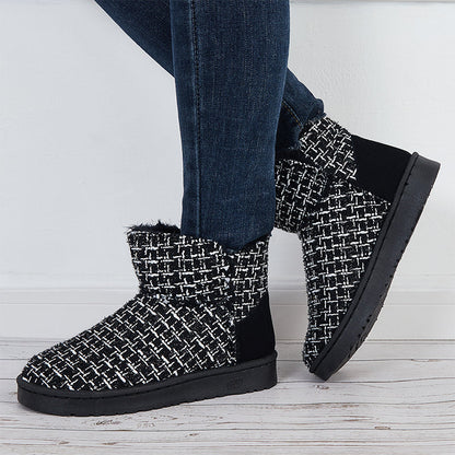 Plaid Design Slip On Ankle Boots Winter Thermal Snow Short Booties