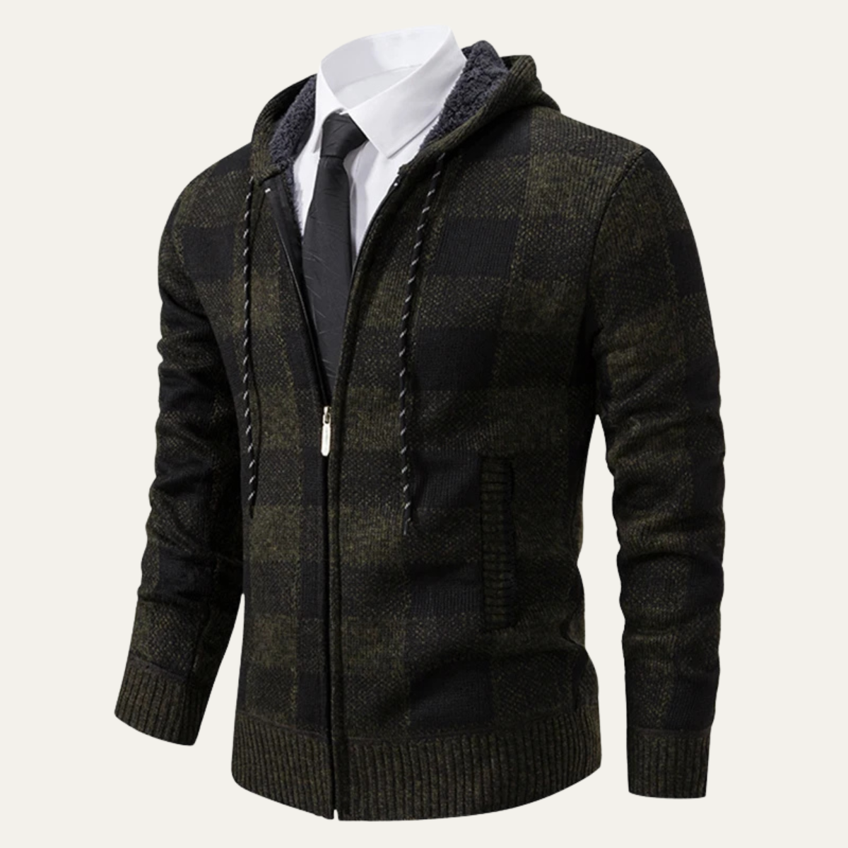 Relaxed Fit Plaid Knit Zip Up Hoodie Jacket