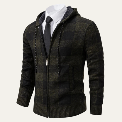 Relaxed Fit Plaid Knit Zip Up Hoodie Jacket