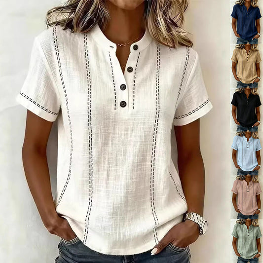 Women's Casual Cotton Short-Sleeve V-Neck Blouse