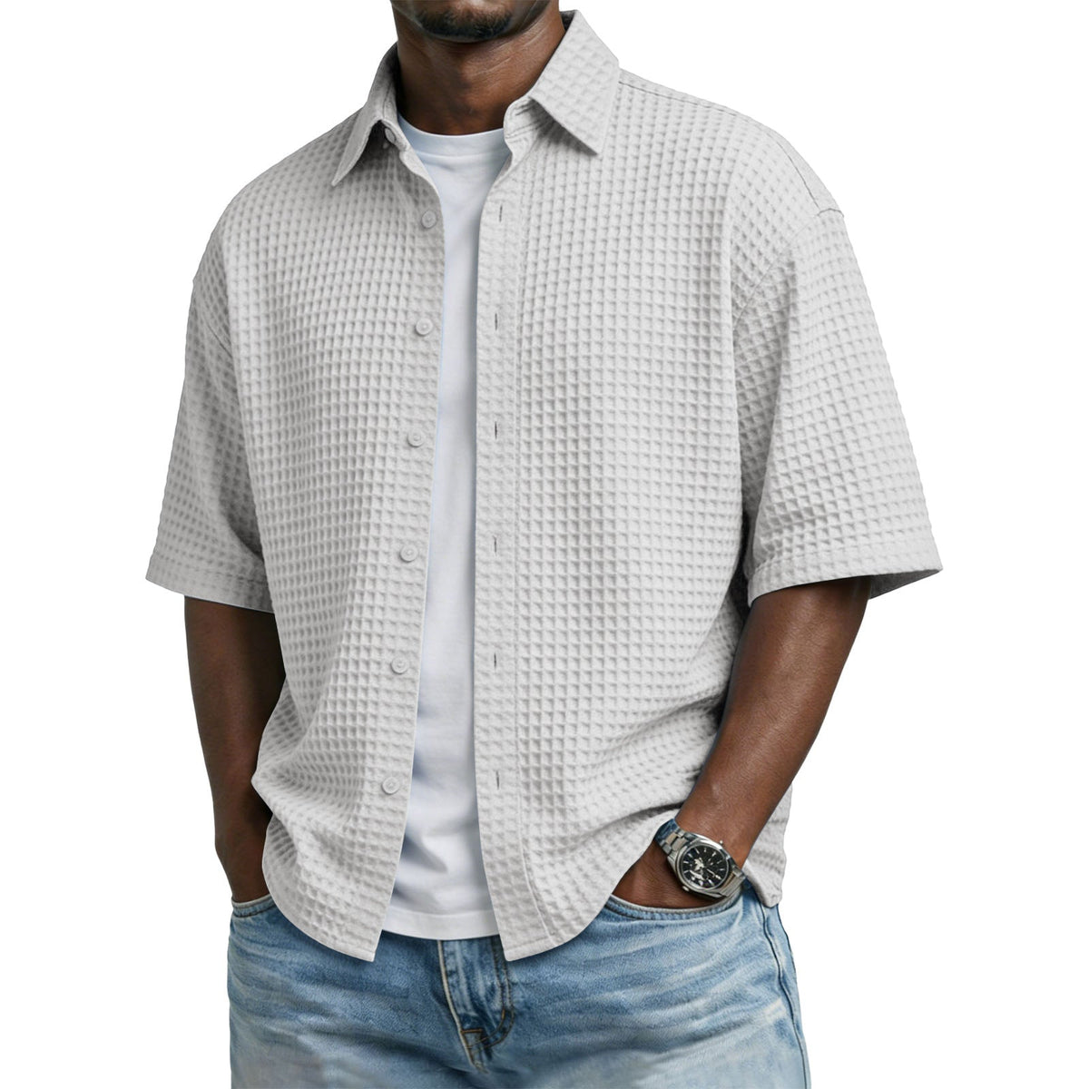 Men's Casual Cotton Short Sleeve Button-Up Shirt