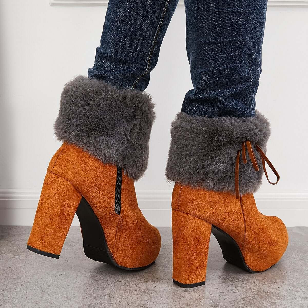 Furry Lined Ankle Snow Boots Platform Chunky High Heel Booties