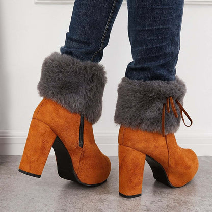 Furry Lined Ankle Snow Boots Platform Chunky High Heel Booties