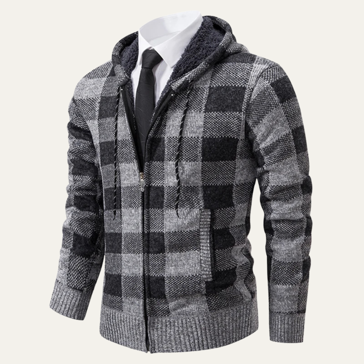 Relaxed Fit Plaid Knit Zip Up Hoodie Jacket