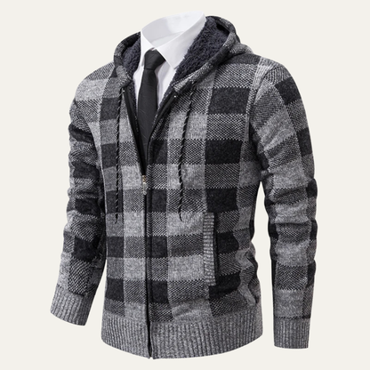 Relaxed Fit Plaid Knit Zip Up Hoodie Jacket