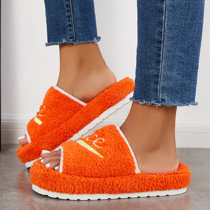 Warm Open Toe Flat Furry Slippers Cozy Slide Shoes