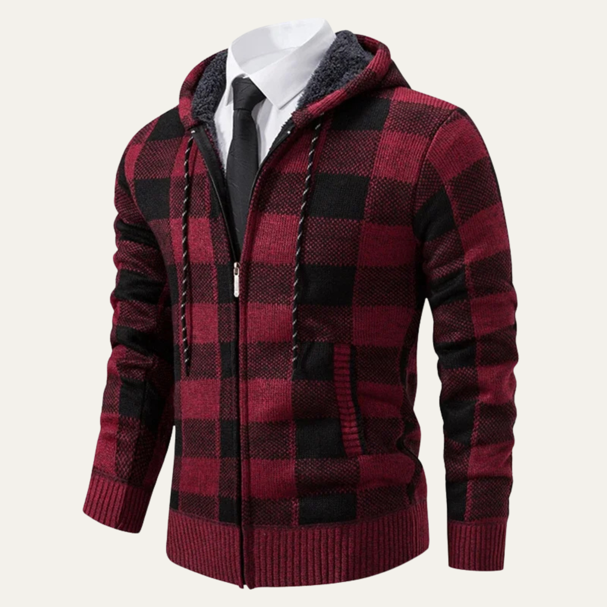Relaxed Fit Plaid Knit Zip Up Hoodie Jacket