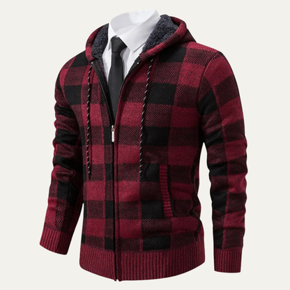 Relaxed Fit Plaid Knit Zip Up Hoodie Jacket