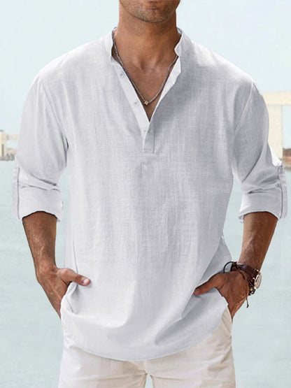 Men's Casual Cotton Stand Collar Long Sleeve Shirt