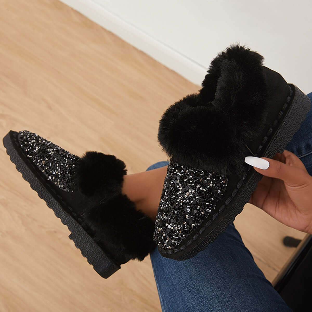 Faux Fur Sequin Flat Ankle Boots Side Zipper Short Booties