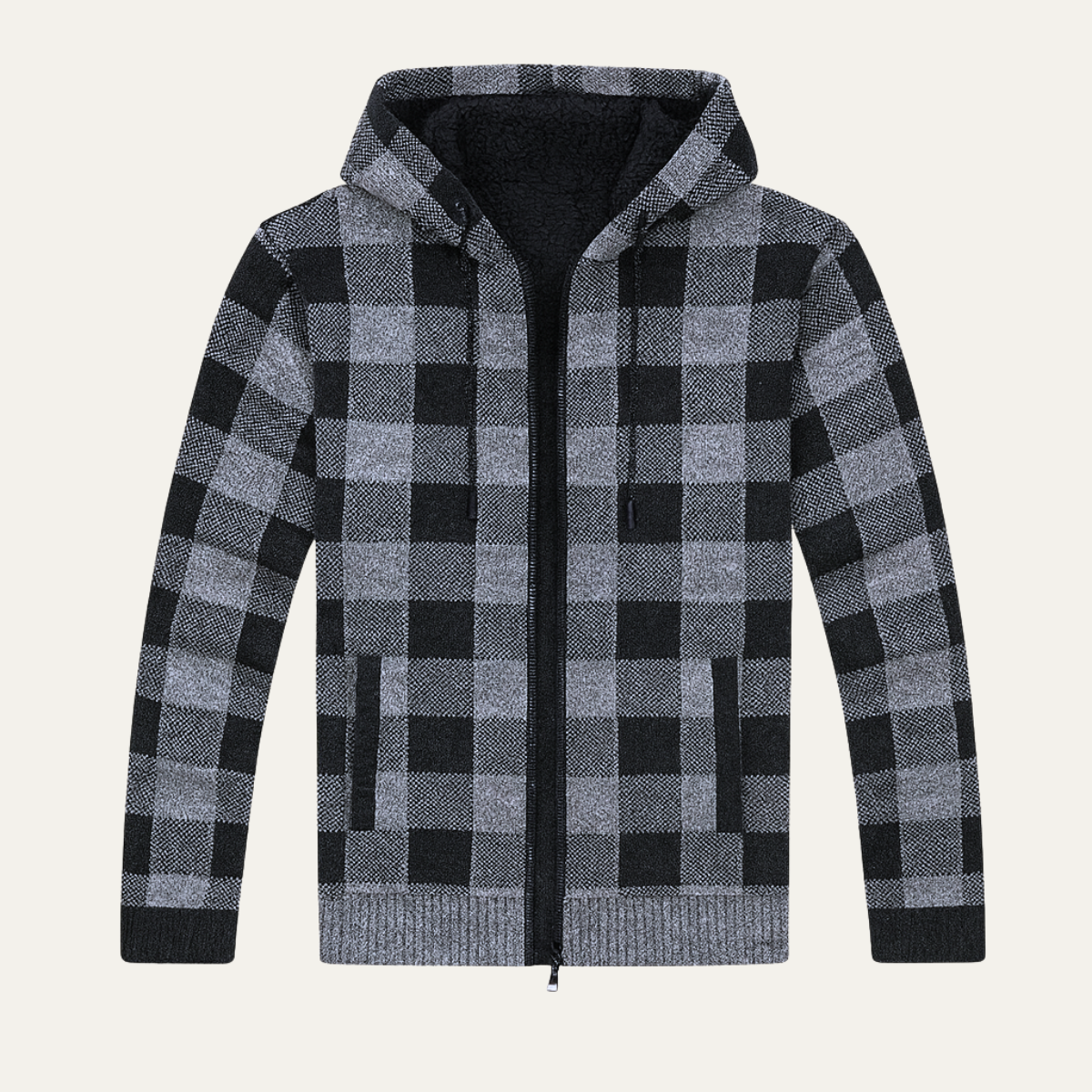 Relaxed Fit Plaid Knit Zip Up Hoodie Jacket - OutfitLondon