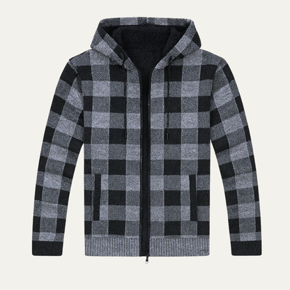 Relaxed Fit Plaid Knit Zip Up Hoodie Jacket - OutfitLondon