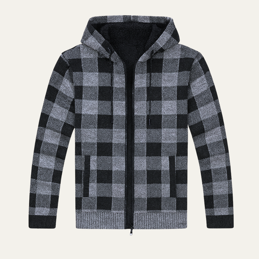 Relaxed Fit Plaid Knit Zip Up Hoodie Jacket - OutfitLondon