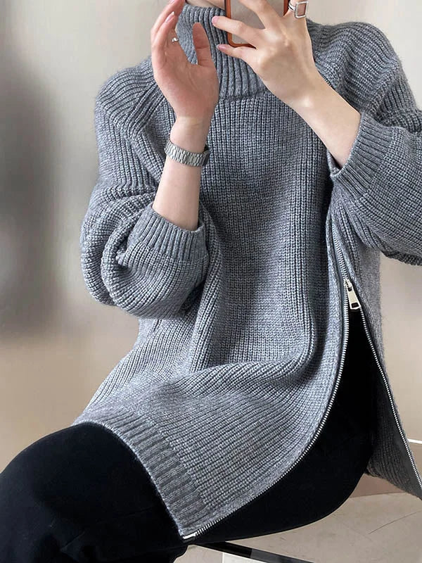 Soft Oversized Women's Turtleneck Zip Sweater - OutfitLondon