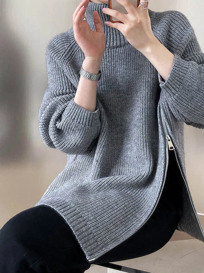 Soft Oversized Women's Turtleneck Zip Sweater - OutfitLondon