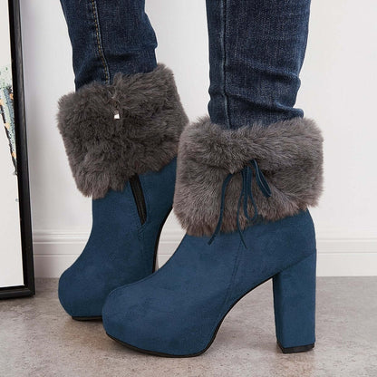 Furry Lined Ankle Snow Boots Platform Chunky High Heel Booties