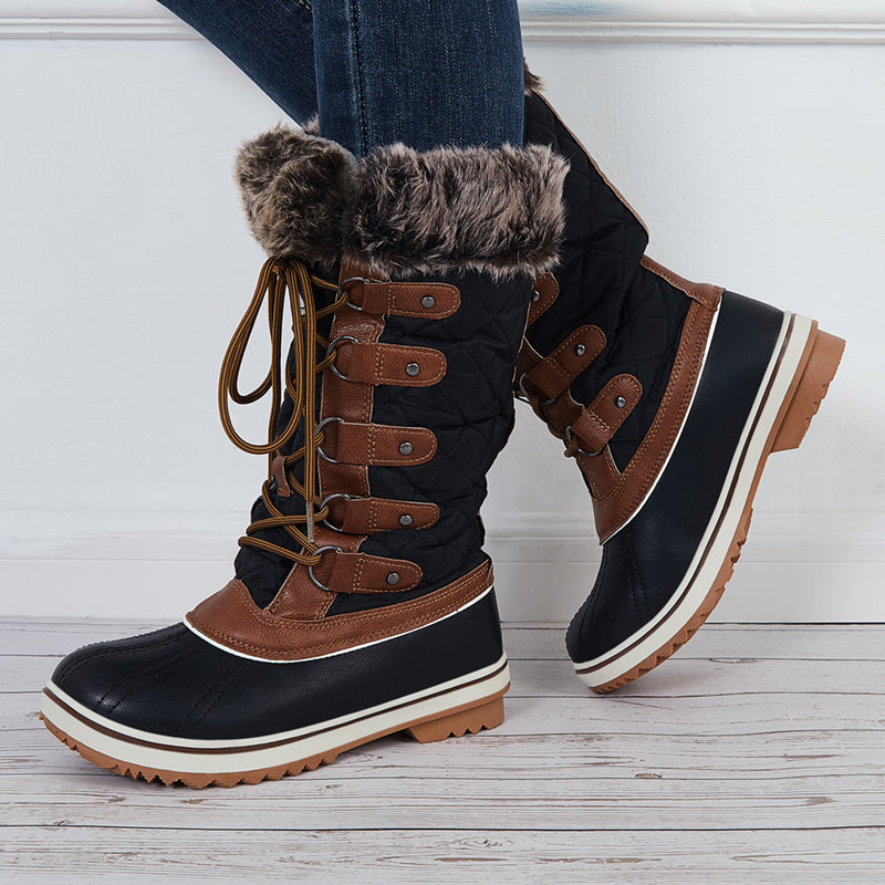 Warm Snow Boots Faux Fur Lined Lace up Mid Calf Winter Duck Boots