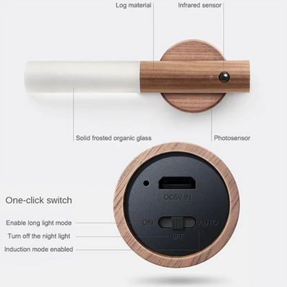 Rotatable Wooden LED Wall Lamp - Magnetic Detachable & Stepless Dimming Rechargeable Wall Light
