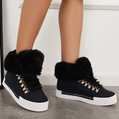 Platform Lace Up Warm Fur Lined Sneakers Flat Ankle Boots