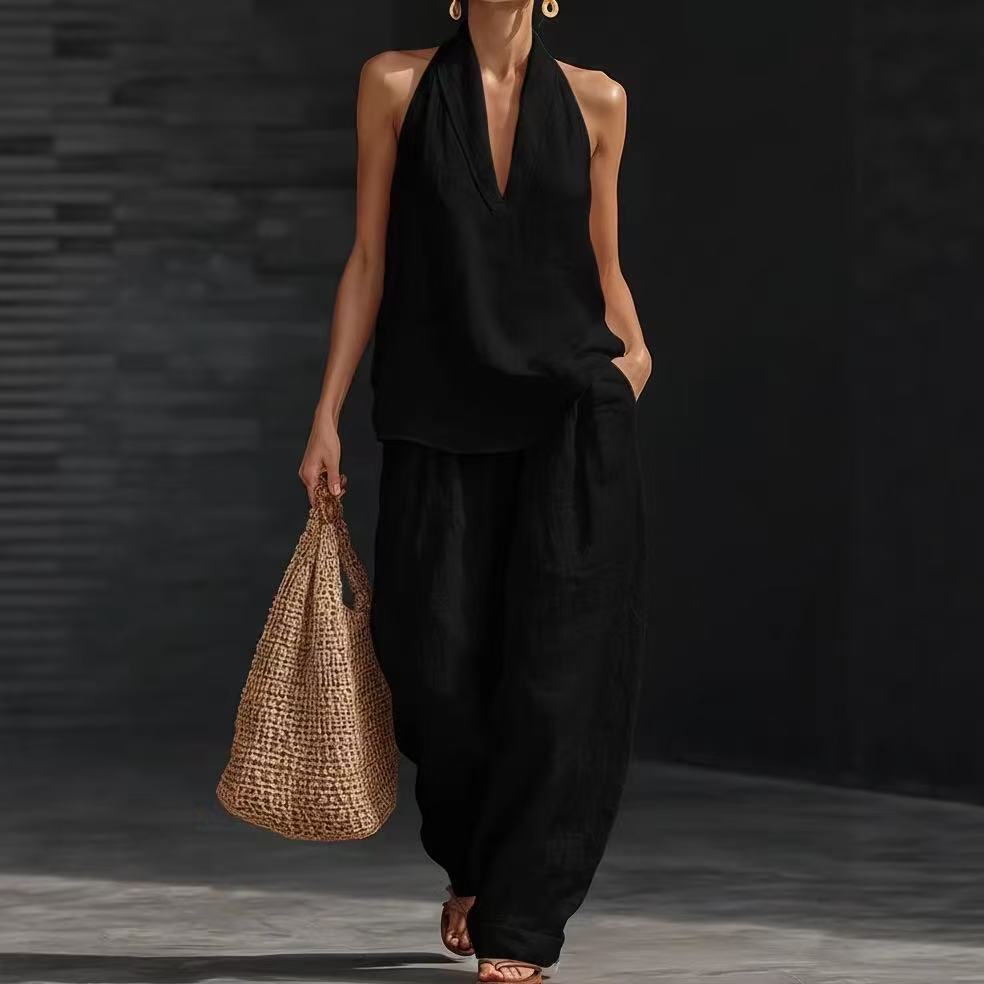 Women's Casual V-Neck Halter Cotton Top and Wide-Leg Pants Set