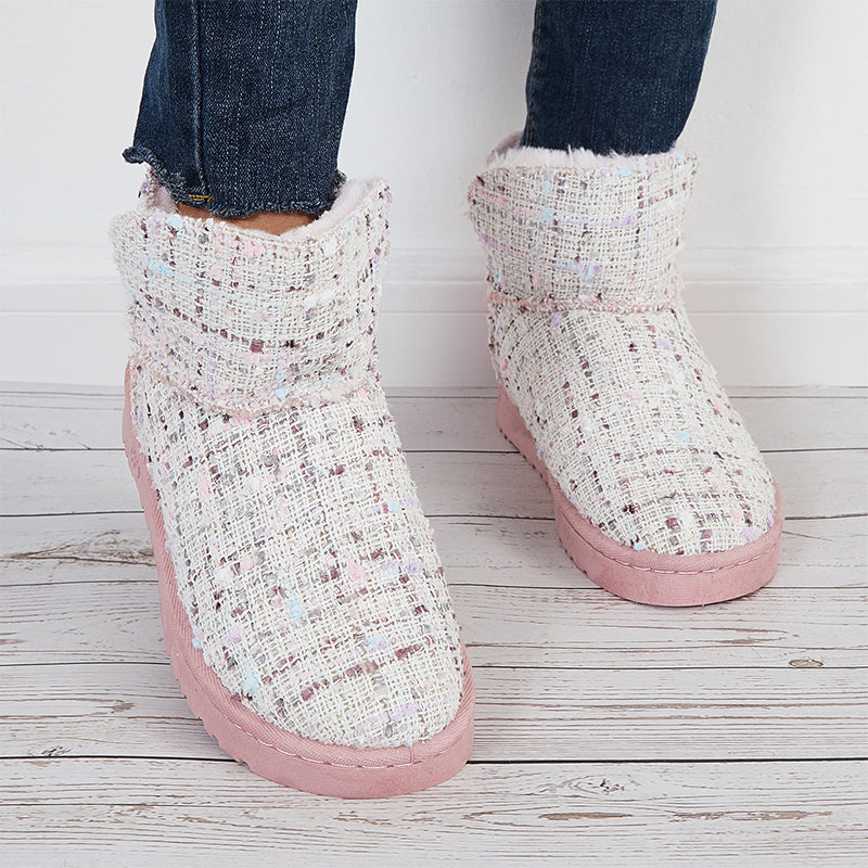 Plaid Design Slip On Ankle Boots Winter Thermal Snow Short Booties