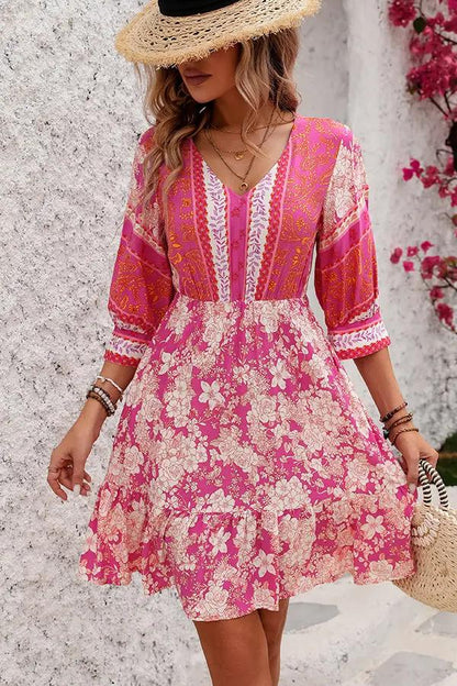 Trendy Floral V Neck Summer Mini Dress