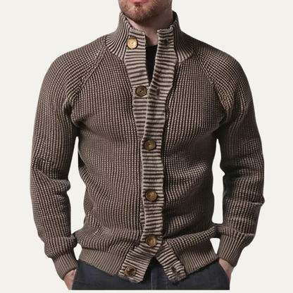 Thick Knit Men's Winter Cardigan with High Neck