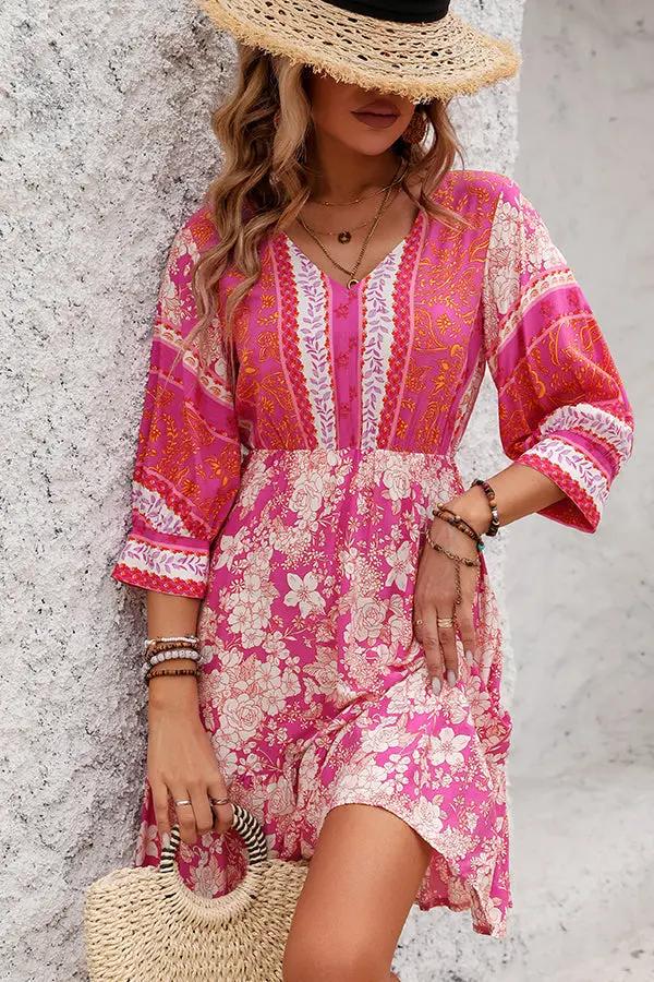 Trendy Floral V Neck Summer Mini Dress