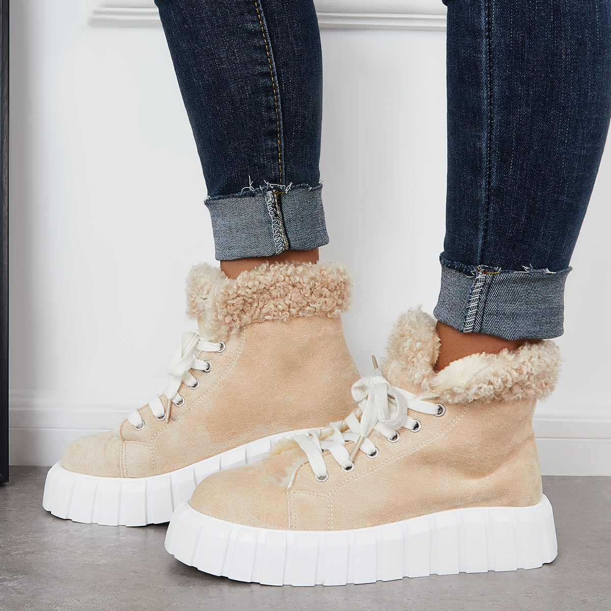Lace Up Platform Warm Faux Fur Lined Booties Sneakers Boots