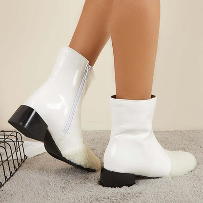 Winter Leather Waterproof Ankle Boots Block Heel Warm Snow Booties