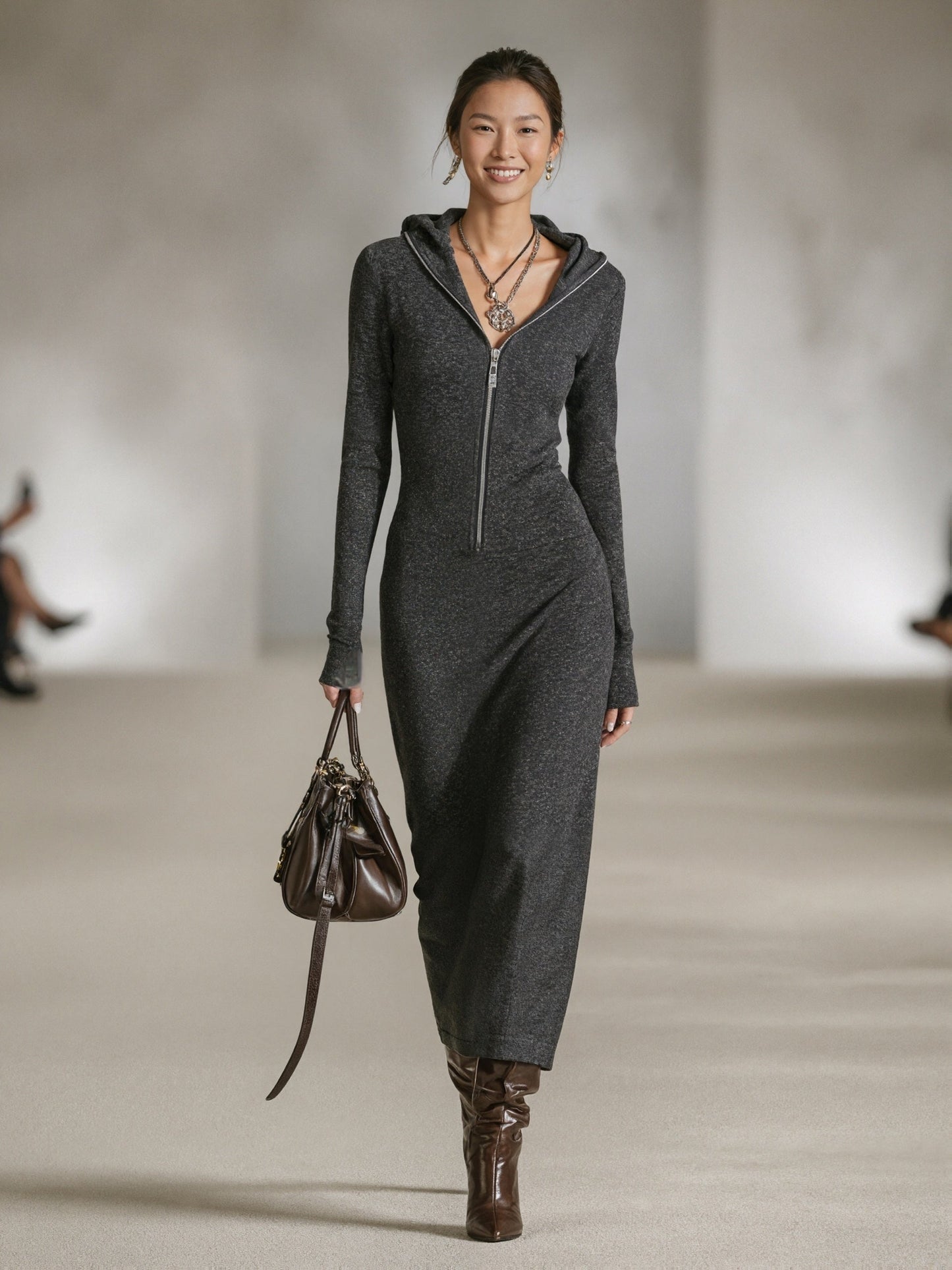 Cozy Hooded Zip Up Tunic Dress