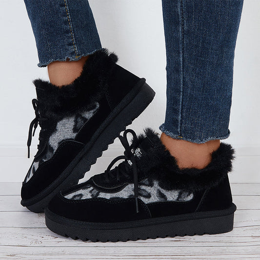 Leopard Lace Up Warm Flats Snow Boots Faux Fur Lined Loafer Shoes