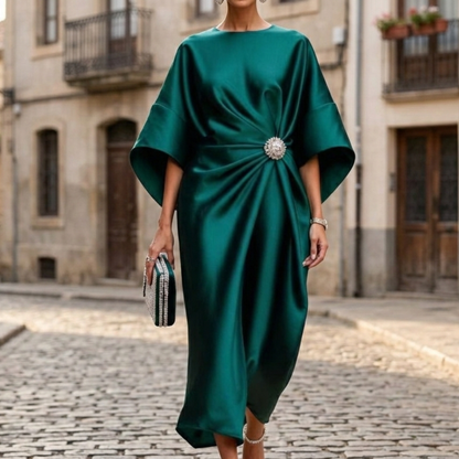 Luxury Satin Midi Dress with Cape Sleeves