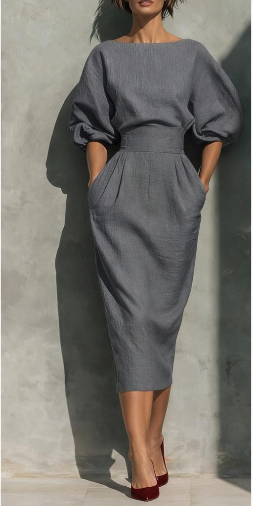 Women's Casual Cotton Puff Lantern Sleeve Dress