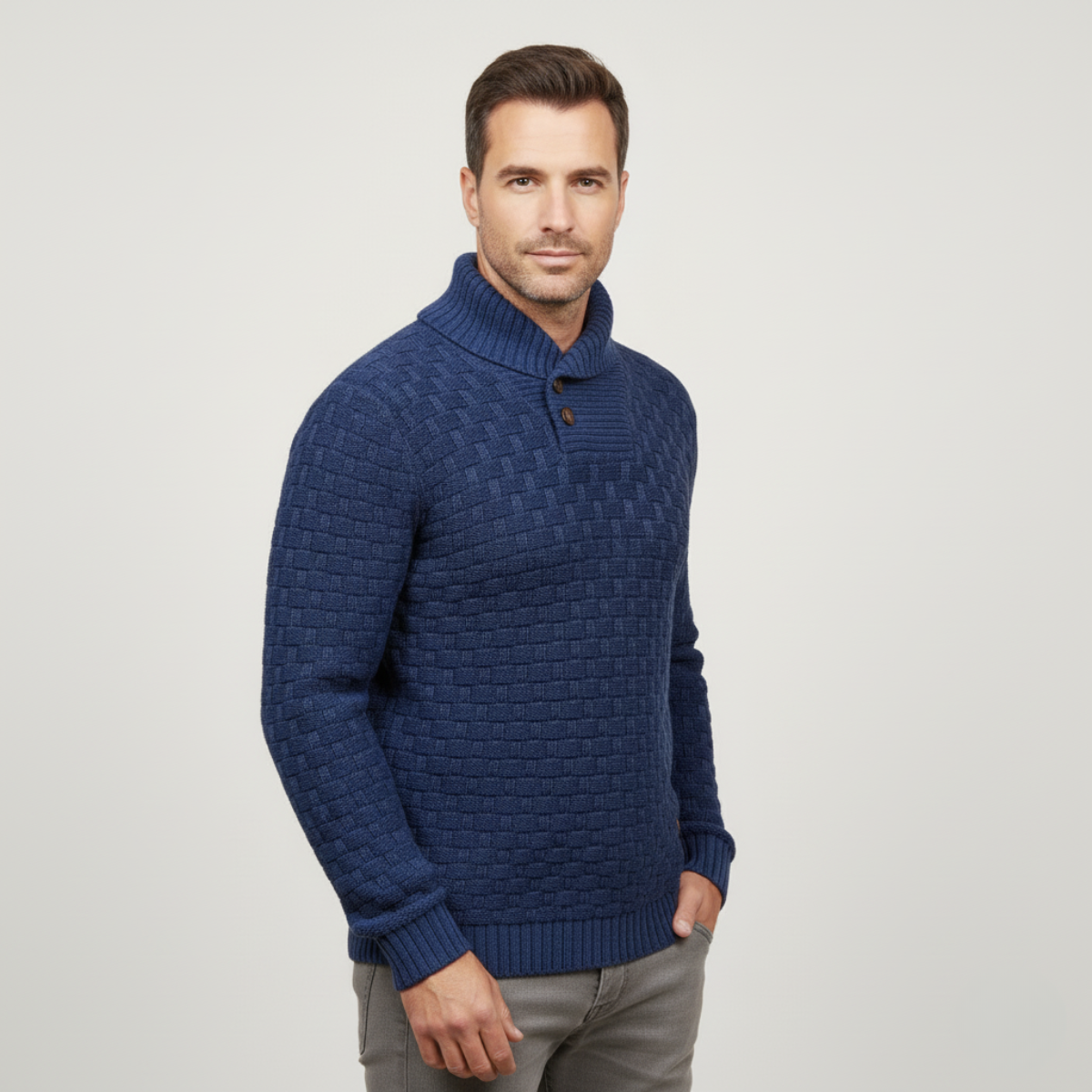 Classic Mens Thick Cable Knit Sweater with Buttons