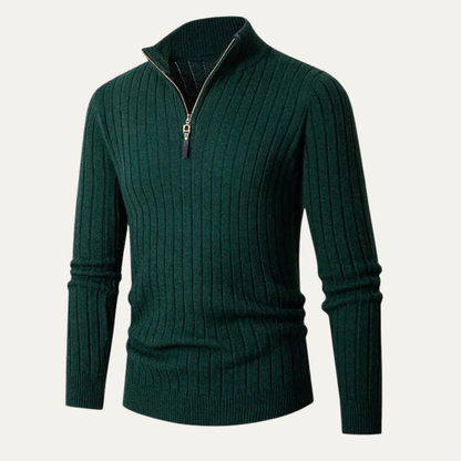 Warm Crew Neck Ribbed Knit Half Zip Sweater