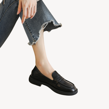 Ladies Synthetic Leather Block Heel Loafers - OutfitLondon
