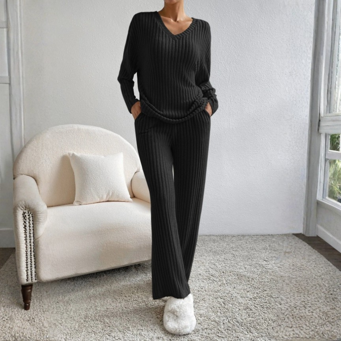 Relaxed Fit Long Sleeve V Neck Loungewear Set