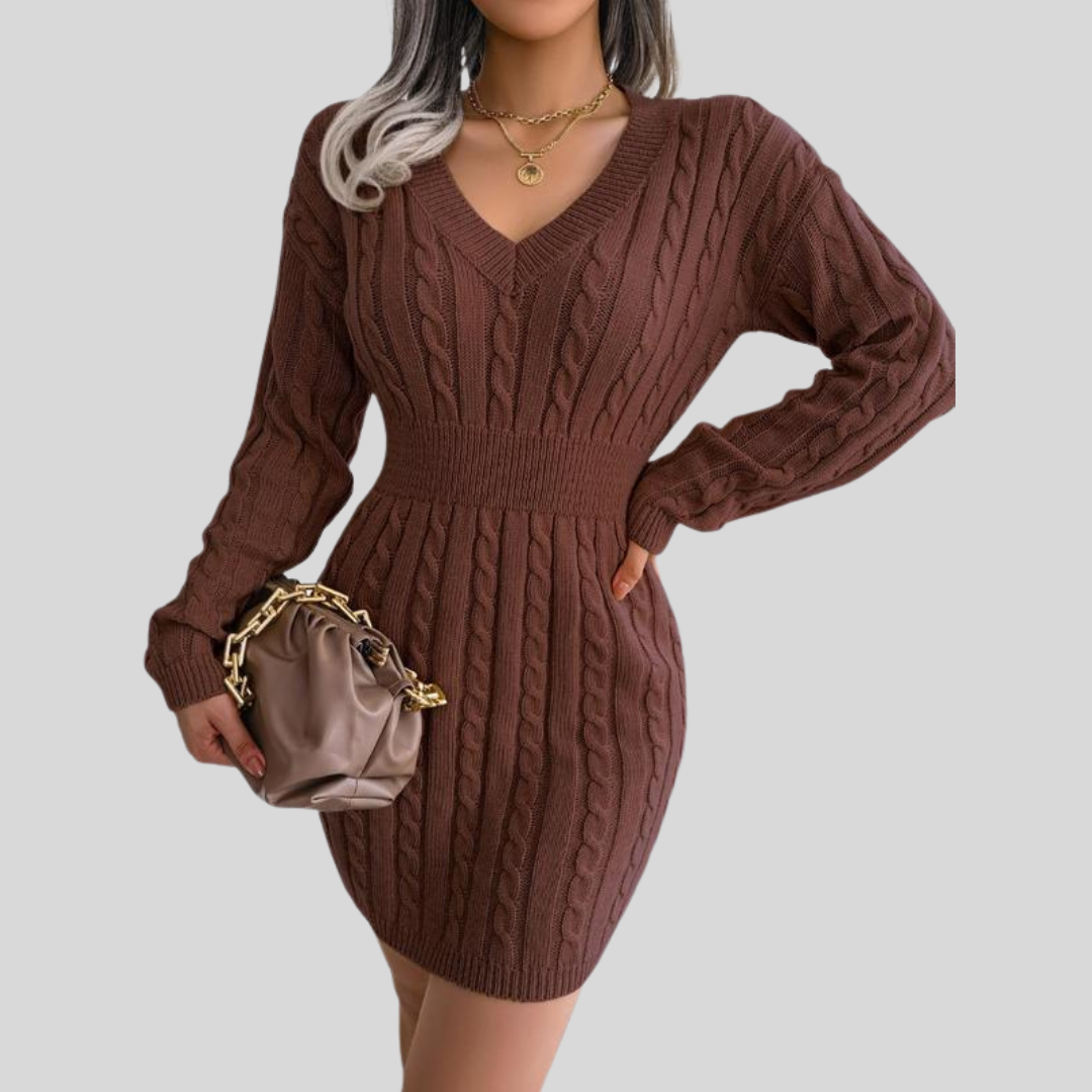 Soft Cable Knit V-Neck Sweater Dress for Women