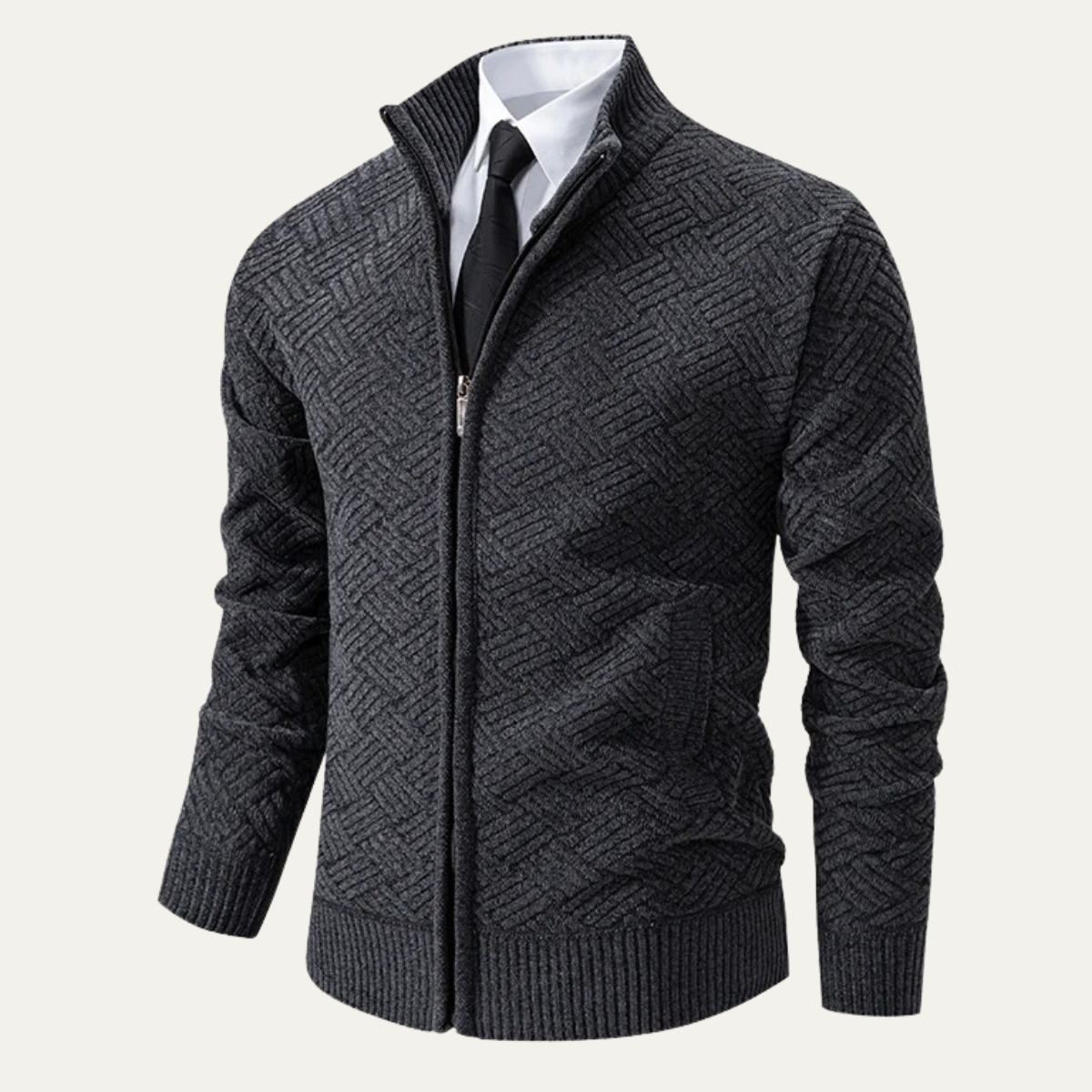 Men's Classic Knit Pattern Jacket with Stand Collar