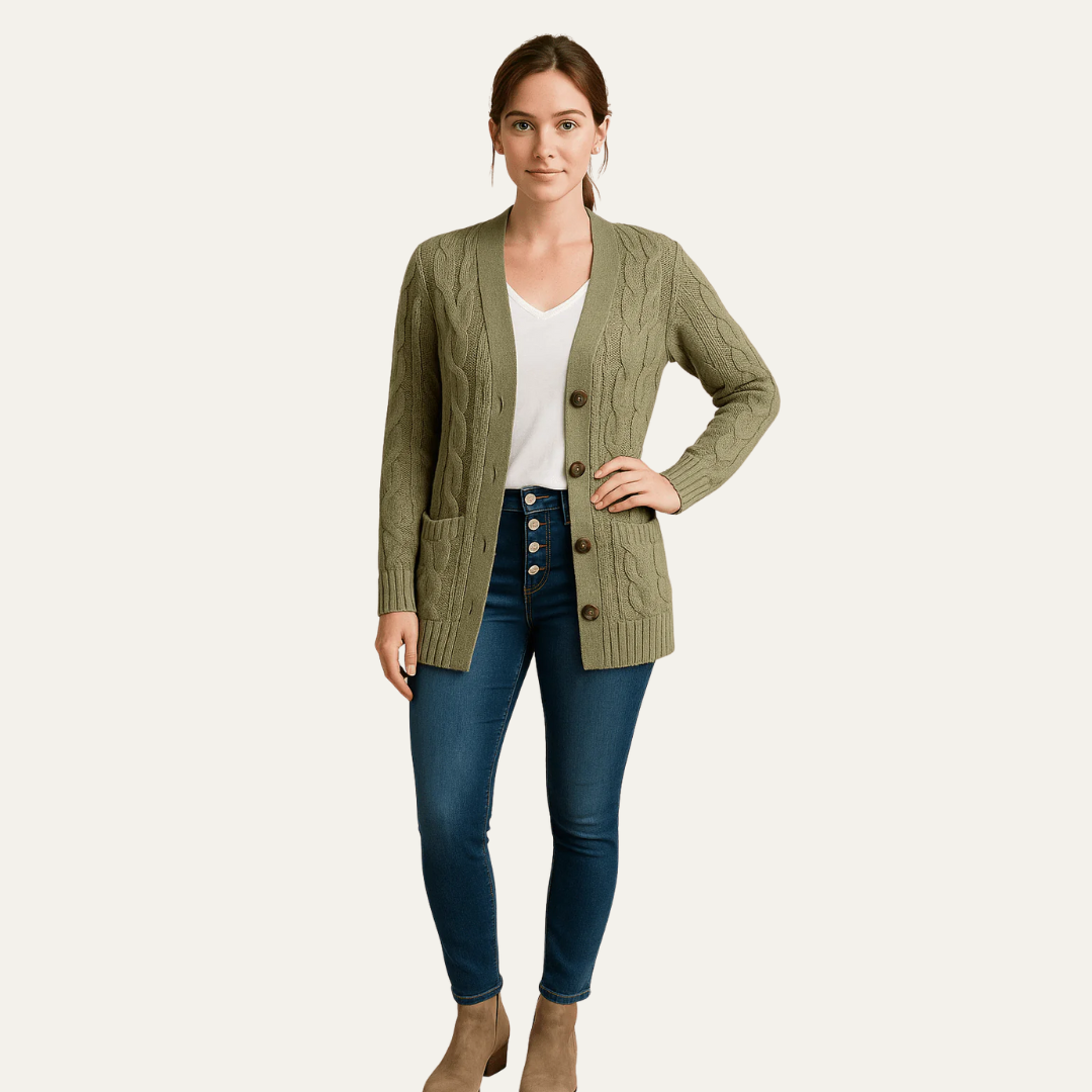 Ladies Traditional Crew Neck Cardigan Sweater