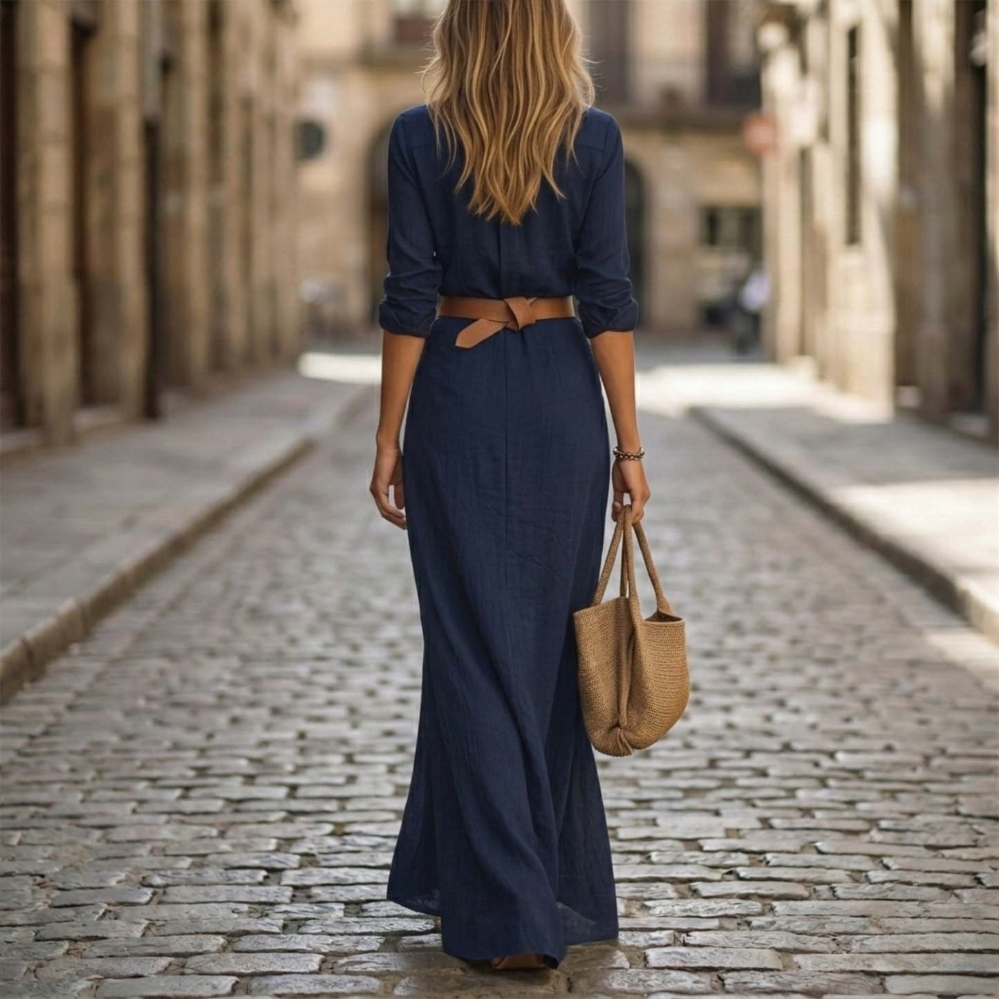 Women's Long Sleeve Belted Maxi Dress