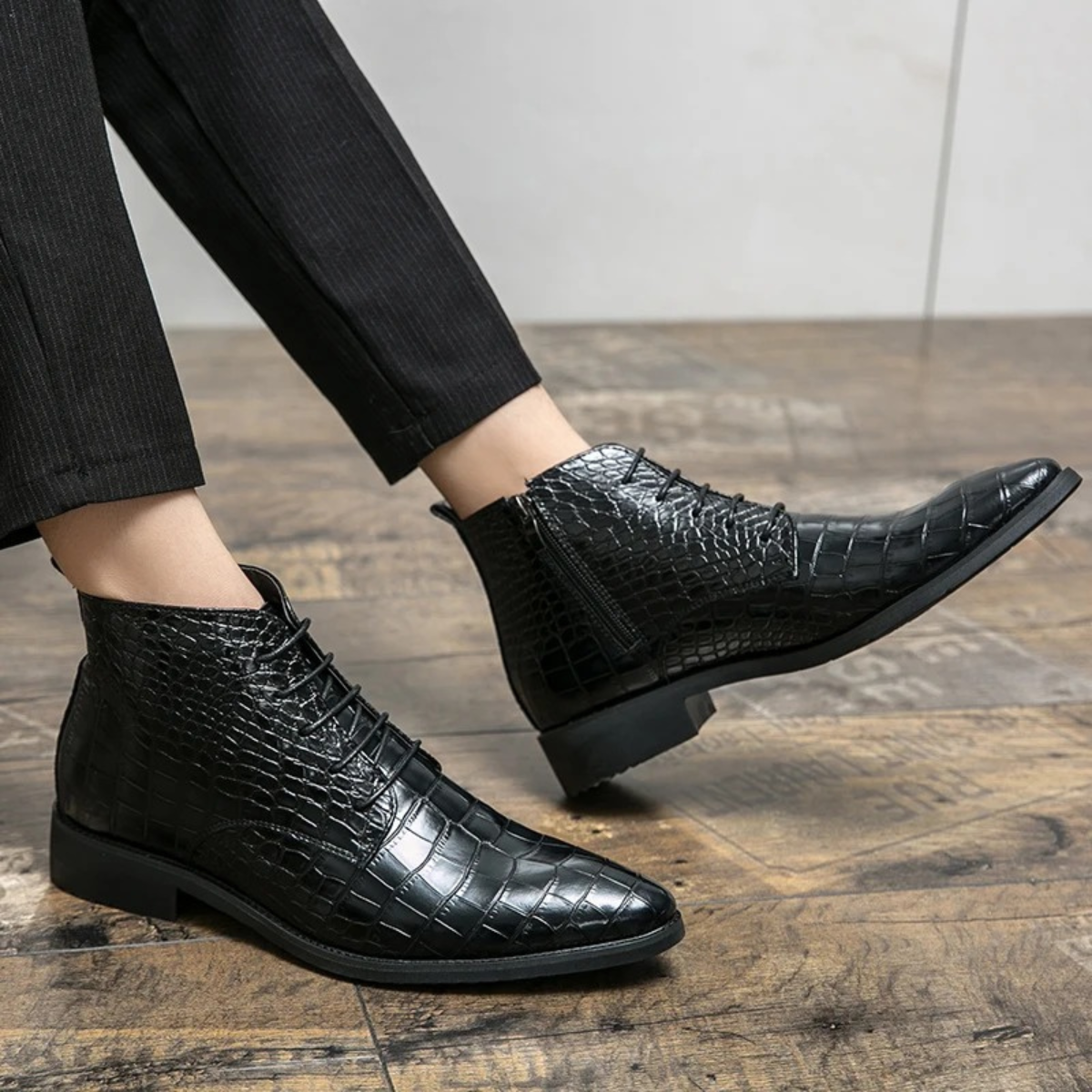 Men's Black Leather Alligator Print Ankle Boots
