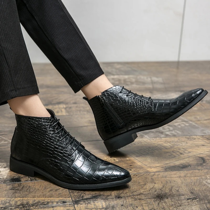 Men's Black Leather Alligator Print Ankle Boots